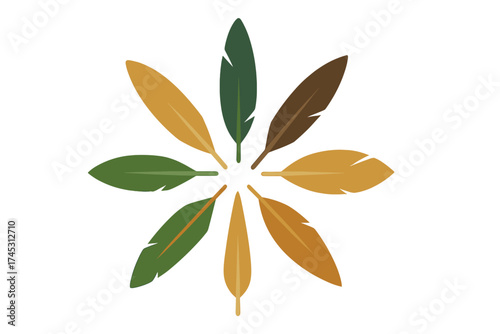 Eight stylized feathers arranged in a circular pattern with autumn colors
