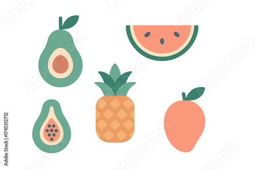 Assortment of stylized tropical and common fruit icons with pastel colors
