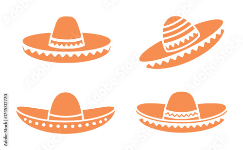 Four Orange Sombrero Hat Icons on White Background