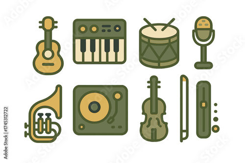 Assortment of musical instrument and audio equipment symbols in subdued color palette