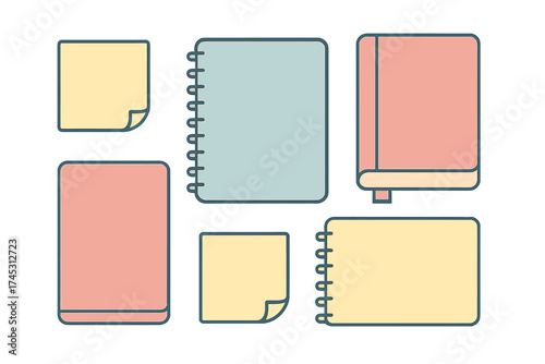 Stylized collection of notebooks memo pads and sticky notes elements for planning