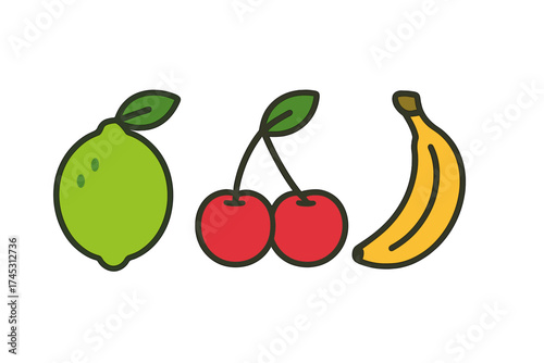 Set of three stylized fruit icons: lime, cherries, and banana isolated on white