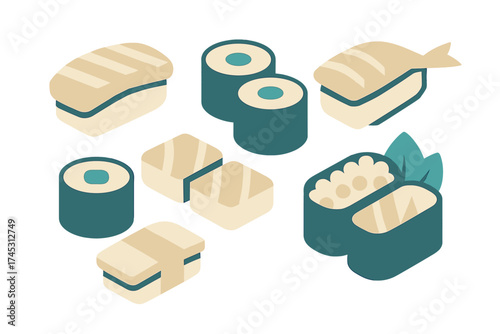 Isometric icons of assorted sushi and maki rolls for Japanese cuisine