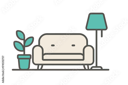 Minimalist living room furniture arrangement with potted plant and floor lamp