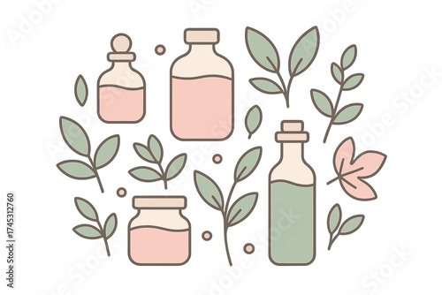 Cosmetic bottles and natural botanical leaves in soft pastel colors
