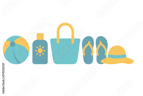 Set of essential beach vacation accessories for seaside relaxation and sun protection