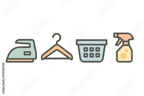 Collection of laundry and garment care symbols featuring iron hanger basket and spray bottle