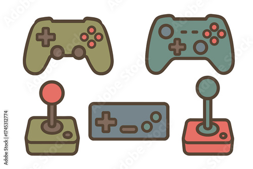 Collection of classic and modern video game controller icons for digital entertainment