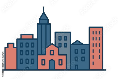 Modern city skyline with mixed architectural styles and contrasting colors