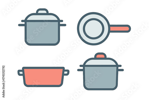 Set of cooking pots and frying pan icons in simple outline style