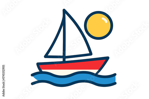 Simple sailboat icon on water with bright sun