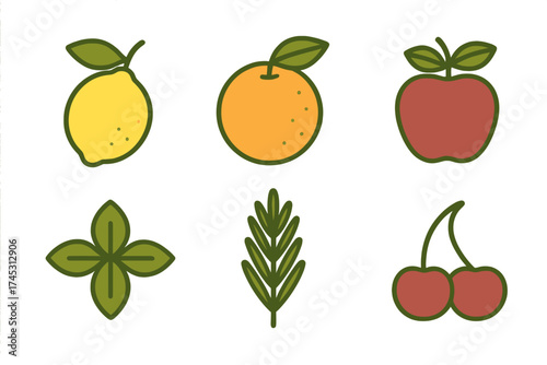 Stylized icons of common fruits and fresh herbs including lemon orange apple and cherry