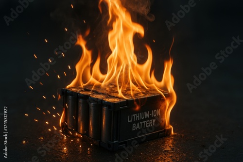 Electric vehicle battery fire. A burning lithium-ion battery with flames and sparks against a dark background.