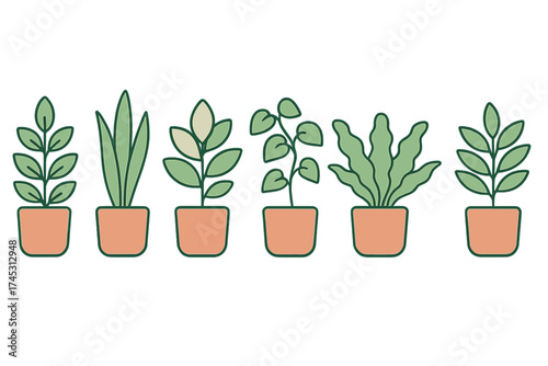 Collection of six different potted house plants in simple outline style