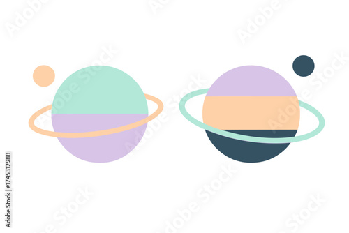 Two stylized planets with rings and orbiting moons in soft pastel colors
