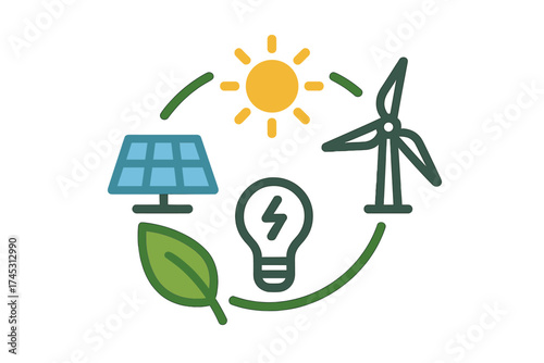 Renewable energy sources cycle with sun solar panel and wind turbine icons