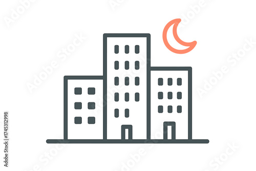 Urban buildings skyline silhouette with crescent moon outline