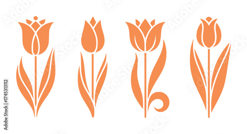 Four Stylized Orange Tulips on a White Background