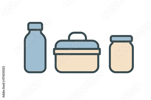 Collection of food storage containers including bottle lunch box and jar icons