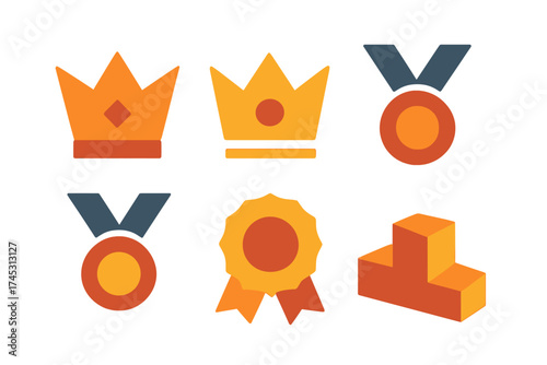 Collection of achievement icons featuring crowns, medals, award ribbons, and winner podium