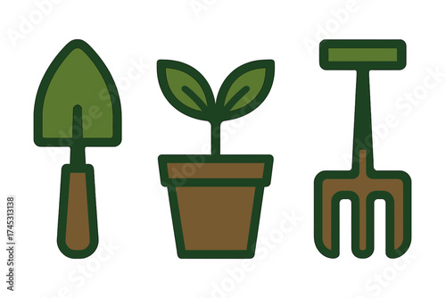 Set of essential gardening tools and small potted seedling icons