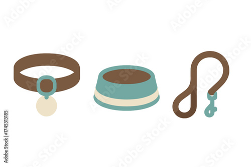 Set of essential pet accessories including collar food bowl and leash icons