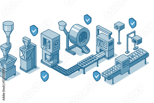 Isometric pharmaceutical production line with quality control icons