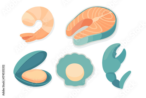 Assortment of fresh seafood icons featuring shrimp, salmon steak, mussel, scallop, and crab claw
