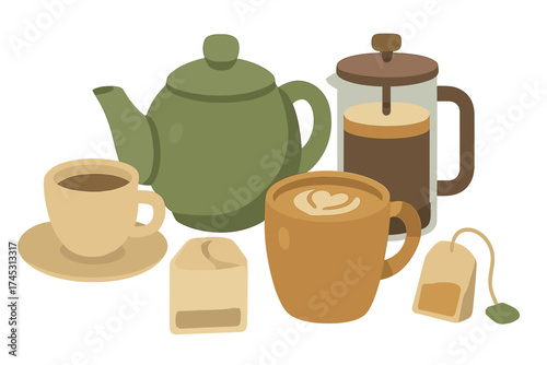 Collection of hot beverage containers including teapot, coffee press, and various mugs