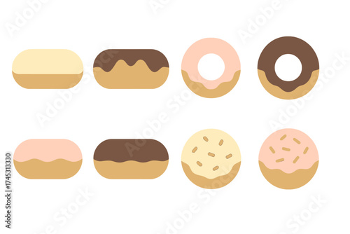 Assortment of simple glazed and frosted pastries icons with round and oblong shapes