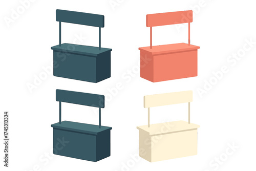 Isometric promotional display booths with blank signage panels for customization