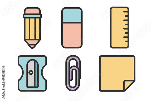 Set of colorful school and office stationery icons including pencil eraser ruler sharpener paperclip and sticky note