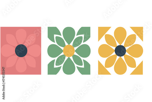 Three stylized floral geometric patterns in vibrant retro color palettes