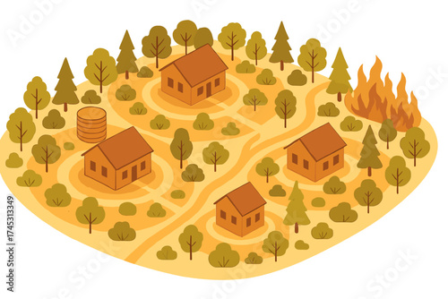 Isometric rural houses near wildfire danger with water storage tank