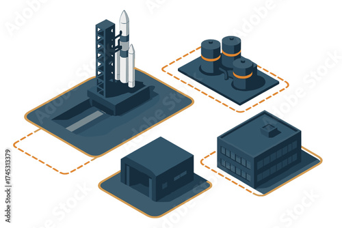 Isometric view of space launch complex with rocket and industrial facilities