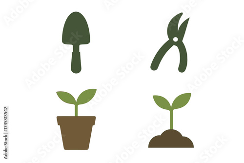 Set of gardening tools and seedling icons for planting season