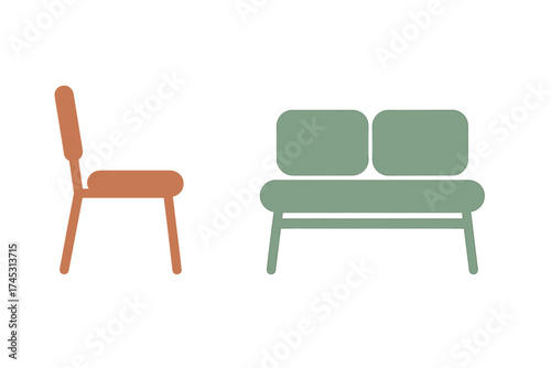 Side profile icons of modern chair and two-seater sofa furniture