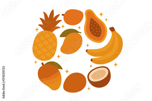 Vibrant arrangement of tropical fruits including pineapple, mango, and coconut