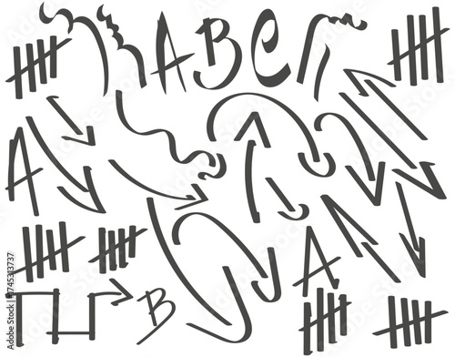 Set of different arrows and shapes. Doodle style for funky visual presentations. Handmade letters and signs