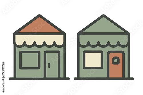 Pair of small storefront buildings with awnings and simple geometric shapes