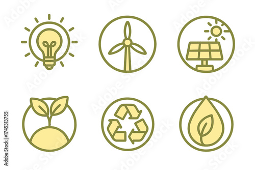 Collection of circular icons for renewable energy and ecology concepts