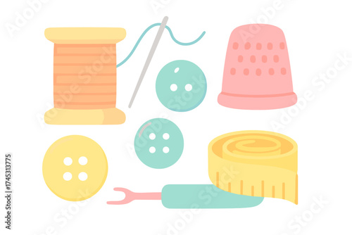 Essential sewing notions and tailoring tools including thread spool buttons thimble and tape