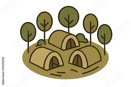 Three dome tents pitched in a forest clearing with stylized trees
