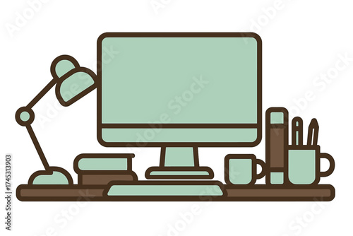 Modern desktop computer setup with monitor keyboard lamp books and supplies
