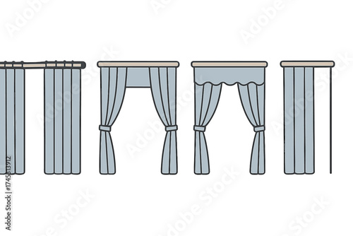 Set of five different light blue curtain styles and window treatments icons