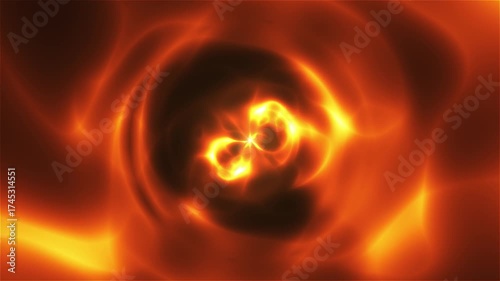 Abstract fire whirlwinds in bright shades of orange, red, and yellow on a dark background. The vibrant light patterns and their dynamic movement create an effect of energy and warmth.