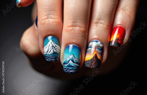 Colorful mountain landscape nail art on fingers with detailed scenery designs