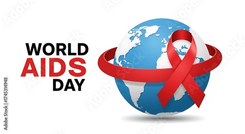 World AIDS Day awareness campaign graphic featuring a red ribbon wrapped around a globe of planet Earth.