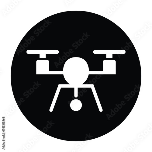 Quadcopter UAV Drone Icon with Camera, Black and White Vector for Aerial Photography, Surveillance, Mapping, Inspection, Delivery, and Filmmaking