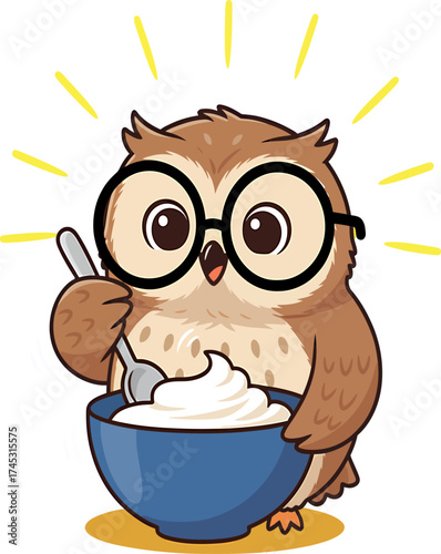 A cute, round owl with big glasses happily enjoys a bowl of fluffy white dessert with a spoon.